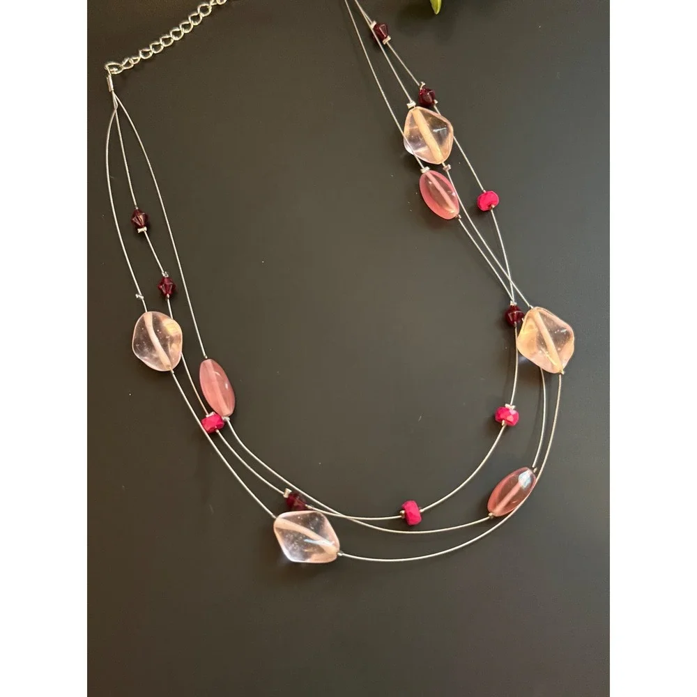 Lia Sophia Pink Burgundy Triple Strand Illusion Necklace Silver Tone 16-19 Inch